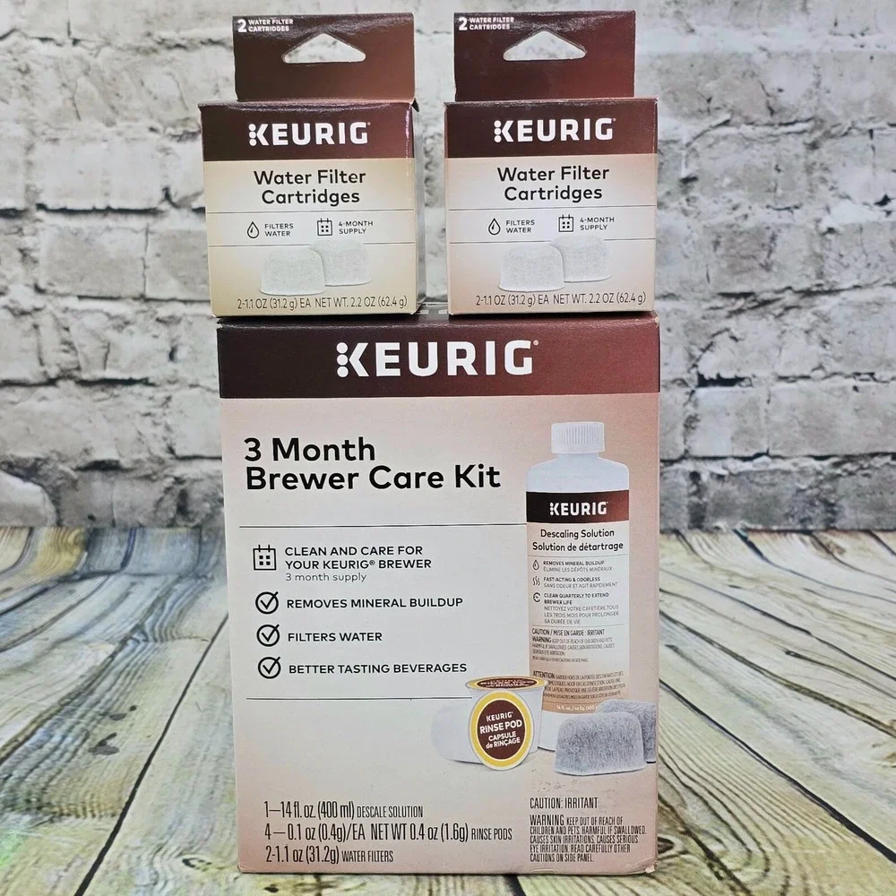 Keurig 3 Month Brewer Care Kit & 4 Water Filter Cartridges Bundle Descaling Set